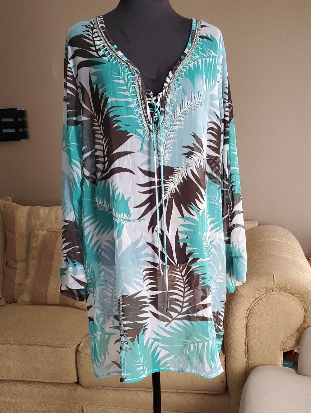 Turquoise Palm-Print Long-Sleeve Tunic Dress